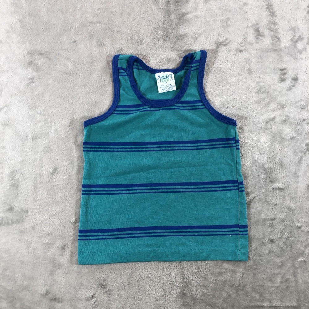 Vintage Sprockets Tank Top Boys 4T Green Blue Stripe Made USA Single Stitch